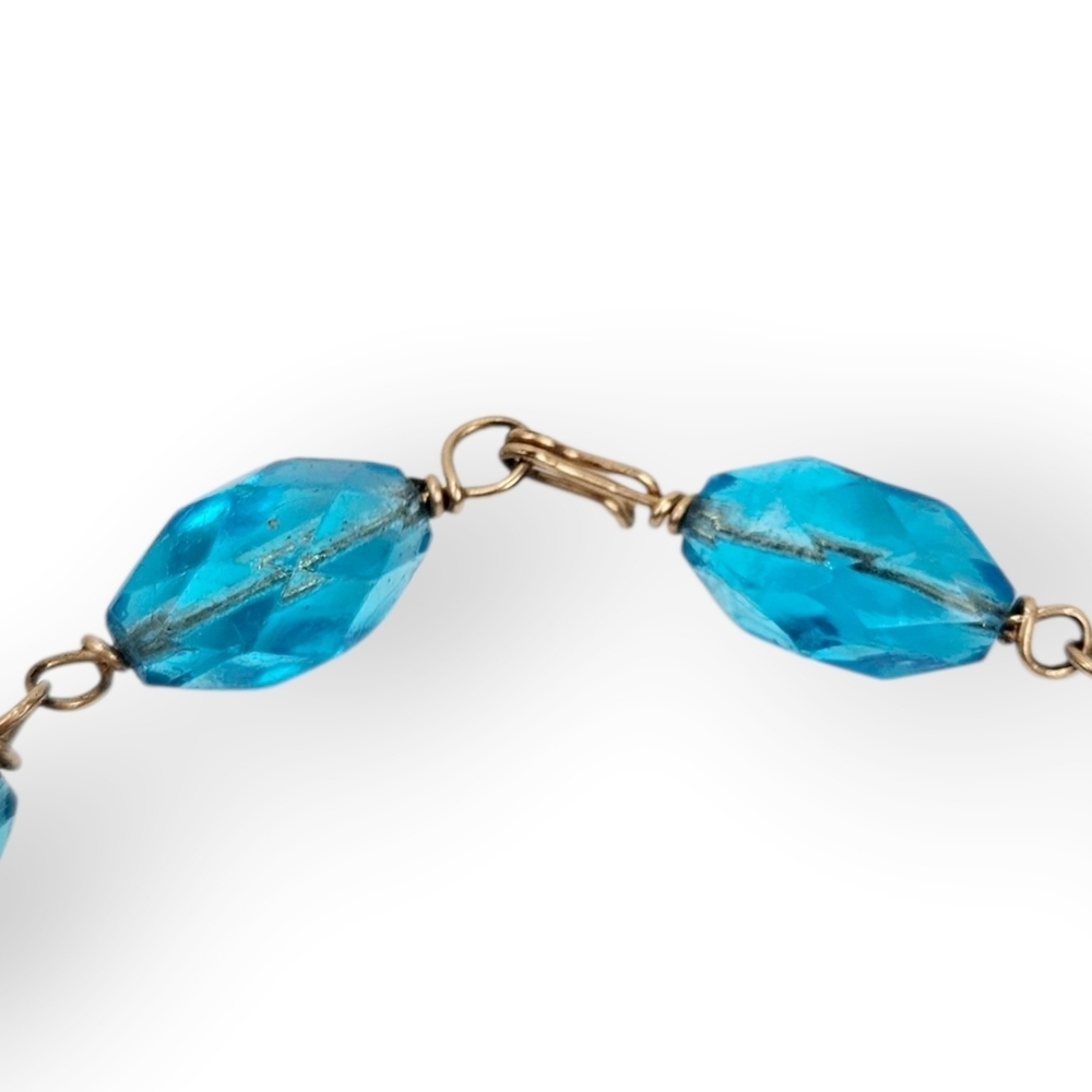 Art Deco Czech Glass Necklaces Turquoise Blue Beaded Chain Wire Link Vtg 16.5" - Picture 6 of 8